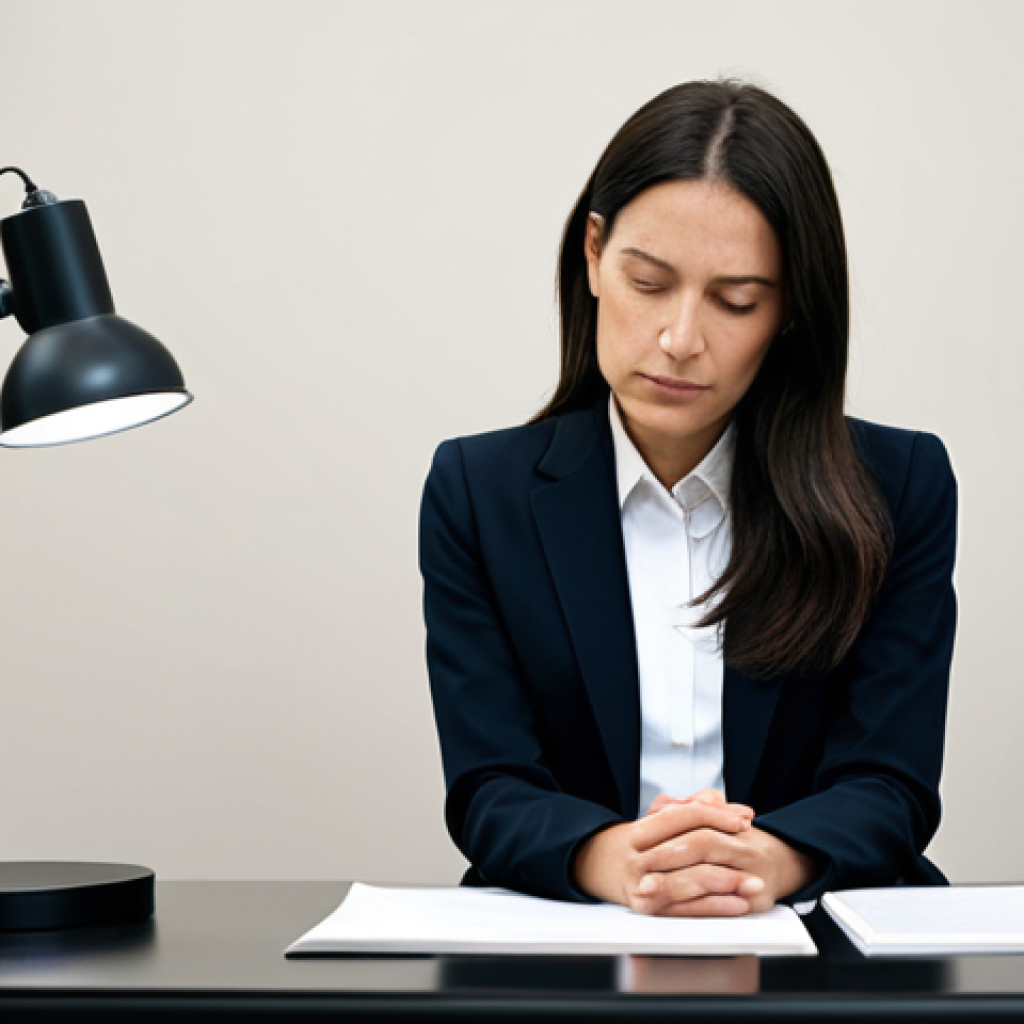 A professional female psychologist, fully clothed in a modest, dark business suit, sits thoughtfully at a sleek, modern desk in a well-lit, calm therapy office. Her hands are gently clasped on the desk, conveying deep ethical contemplation. The background features a blurred, neutral wall with subtle, elegant decor. The image is a professional photograph, high-resolution, with perfect anatomy, correct proportions, a natural pose, well-formed hands, and proper finger count. The atmosphere is serious and contemplative, safe for work, appropriate content, and family-friendly.
