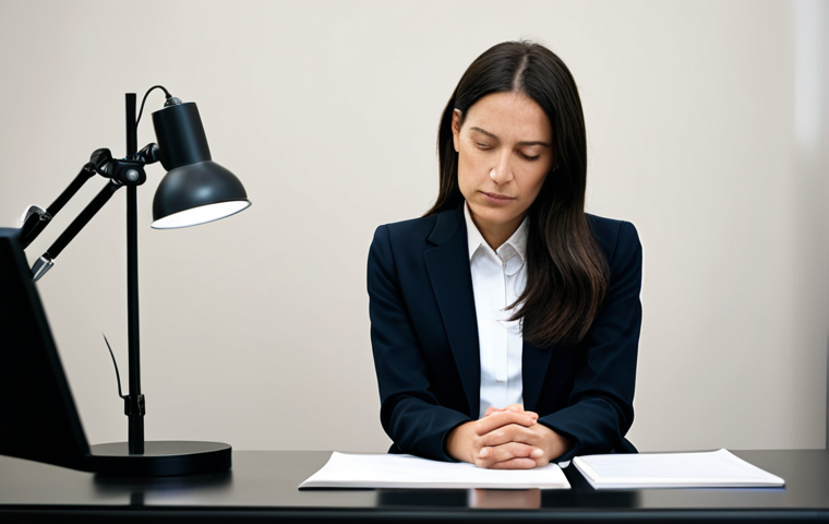 A professional female psychologist, fully clothed in a modest, dark business suit, sits thoughtfully at a sleek, modern desk in a well-lit, calm therapy office. Her hands are gently clasped on the desk, conveying deep ethical contemplation. The background features a blurred, neutral wall with subtle, elegant decor. The image is a professional photograph, high-resolution, with perfect anatomy, correct proportions, a natural pose, well-formed hands, and proper finger count. The atmosphere is serious and contemplative, safe for work, appropriate content, and family-friendly.