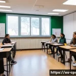 Home 15 임상심리사로 일하기 위한 현실적 조언 - A modern university psychology classroom in Spain, filled with diverse students attentively particip...