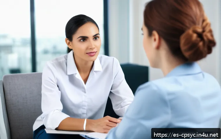 임상심리사의 성공적인 경력 관리 - A professional clinical psychologist in a modern, well-lit office setting, attentively listening to ...